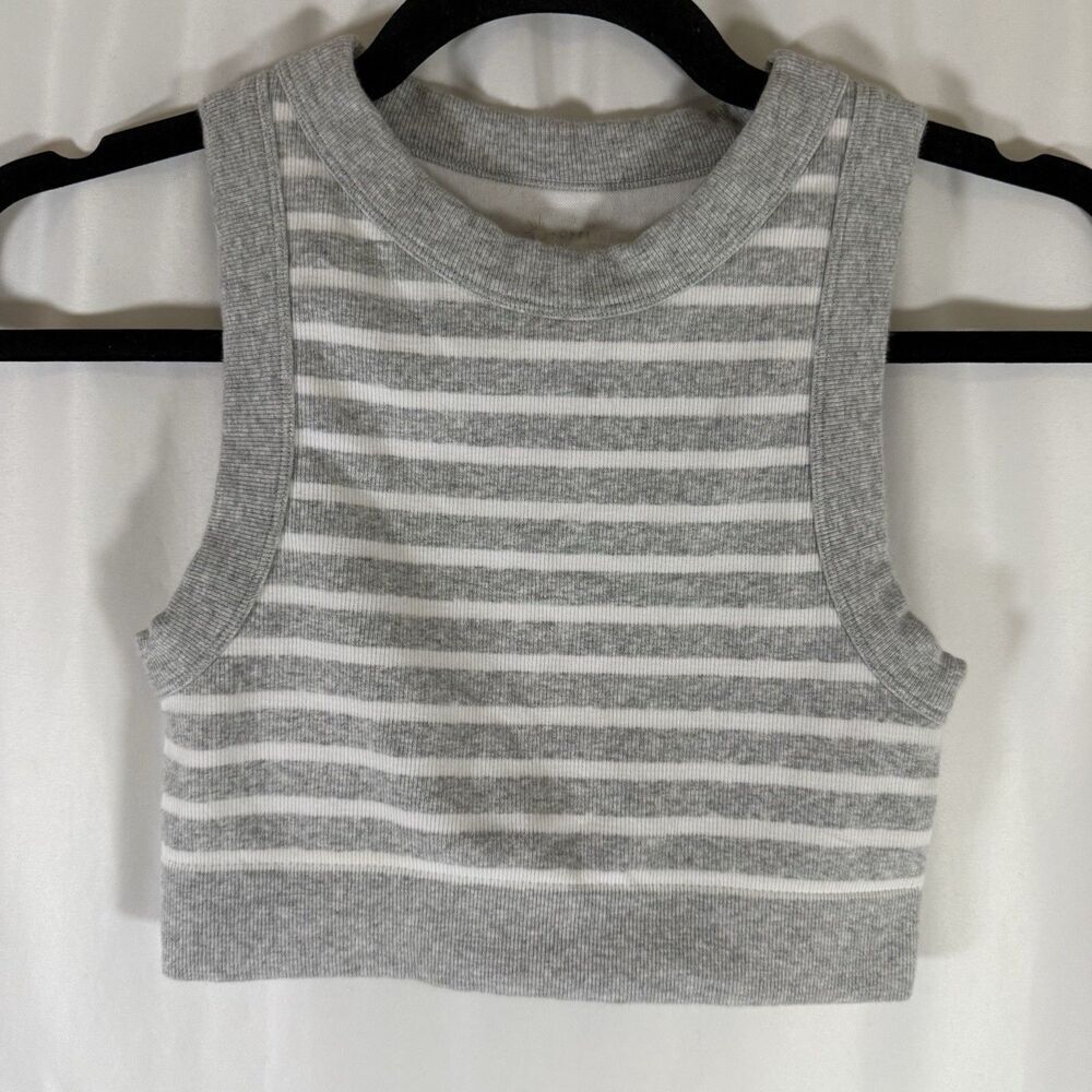 Offline by Aerie Crop Top Women's XS Grey White Striped Ribbed High Neck
